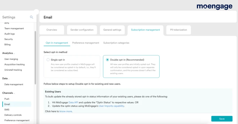A dashboard in an email deliverability tool for double opt-in management
